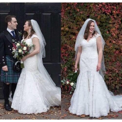 Attractive Wedding Dress Mermaid Women V Neck White Bridal With Lace Appliques court Train Lace wedding gowns vestido de noiva