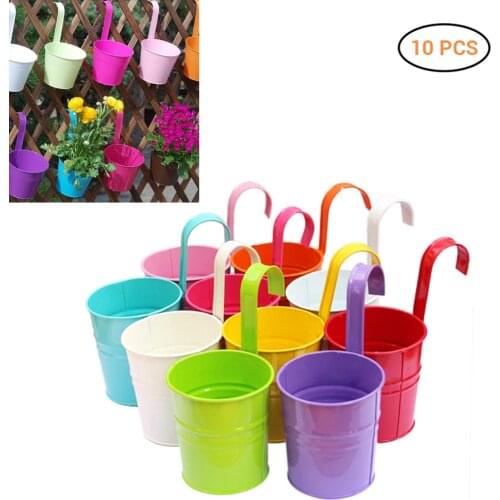 10 Pcs Flower Pots Hanging Flower Pots, Garden Pots Balcony Planters Metal Bucket Flower Holders - Detachable Hook