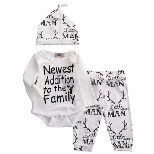 3Pcs Newborn Infant Baby Boy Clothes Set Long Sleeve O-Neck Romper Tops Pant Hat Outfits Set
