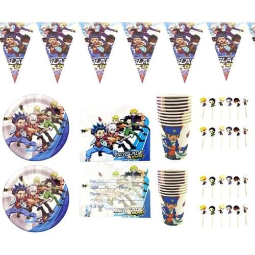 64pcs/lot Happy Birthday Party Beyblade Burst Dishes Invitation Cards Cake Toppers With Sticks Kids Boys Favors Bunting Cups