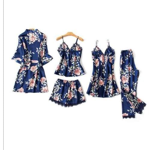 801b-11 5Pcs Sets Women Sexy Lace Sleepwear Satin Nightwear Lingerie Pajamas Suit Soft Silk Pyjamas Tops Cami Shorts Covers