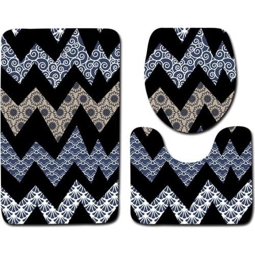 Abstract Geometric Pattern 3Pcs Bathroom Carpets Set Floor Mat Toilet Bath Mat Set Washable Pedestal Rug Lid Toilet Cover Carpet