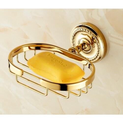 Bathroom Accessory Luxury Polished Gold Color Brass Wall Mounted Bathroom Soap Basket Dish Holder mba607