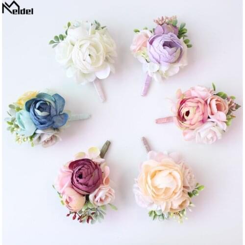 Meldel Corsage Groom Boutonniere Pin Bridal Wrist Corsage Champagne Blue Bridesmaid Bracelet Men Prom Wedding Flower Accessories