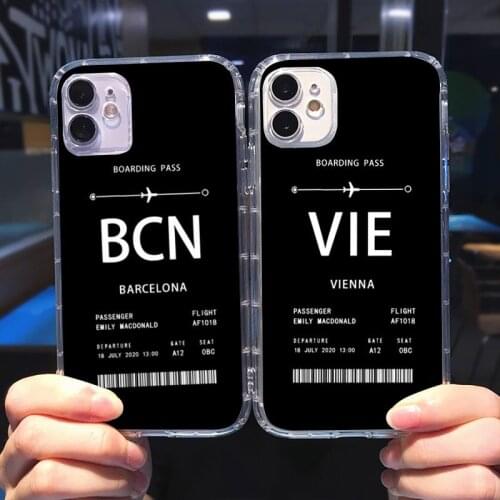 Personalised Plane Ticket Phone Case Transparent for iPhone 6 7 8 11 12 s mini pro X XS XR MAX Plus cover funda shell
