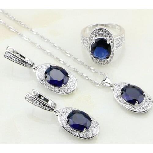 Oval Blue Cubic Zirconia White Crystal 925 Sterling Silver Bridal Jewelry Sets For Women Wedding Earrings/Pendant/Necklace/Ring