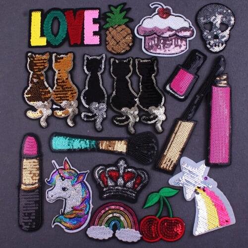 Cat Unicorn Patch Iron On Patches For Clothing Sequin Patch DIY Cartoon Star Animal Patches On Clothes Crown Rainbow Applique