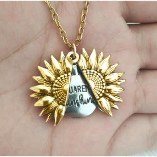 Fashion Bohemia Sunflower Double-layer Metal Pendant Necklace For Women Open Long Chain Necklace Lettering you are my sunshine