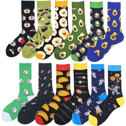 New Happy Mens Socks Colorful Apple Avocado Fruit Sushi Hamburger Food Astronaut Planet Print Stripe Classic Casual Socks Men