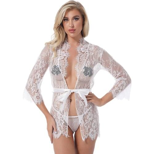 Women Pajama Sets See-through Lace Long Sleeves Night-robe Sash Self Tie Front Closure with G-String Thongs Lingerie Sleepwear