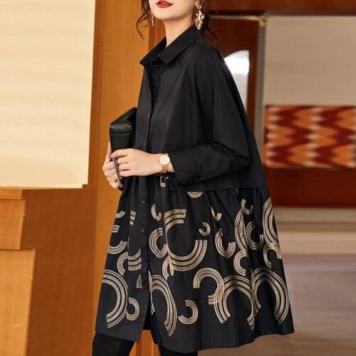 Women Trench Coat Cotton Shirt Tops 2021 Autumn New Coat Long-Sleeved Loose Mid-Length Plus Size Outerwear Female Windbreaker