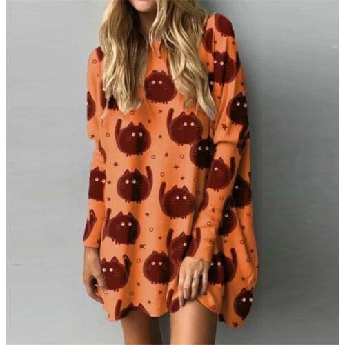 Womens plus size Halloween Dresses Autumn Cartoon Cat Print Loose Dresses Long Sleeved Shirt Dress белое платье белое платье