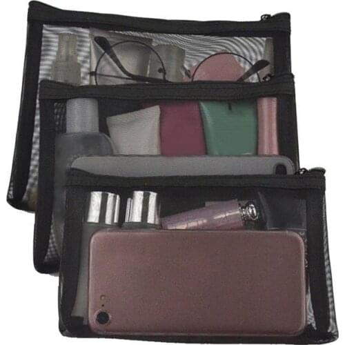 3Pcs/Set Portable Nylon Mesh Solid Color Cosmetic Bag Women Makeup Bag For Travel Wash Bag Case Organizer Toiletry Bag Pouch