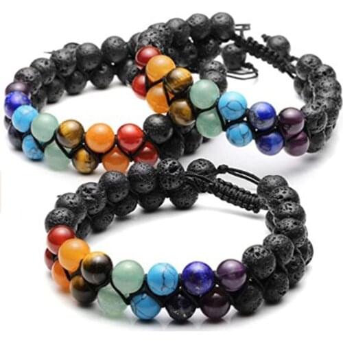 7 Chakra Beads Lava Rock Bracelet 8mm Double Layer Row Adjustable Unisex Yoga Stone Energy Healing Stone Bracelets Xmas Gift