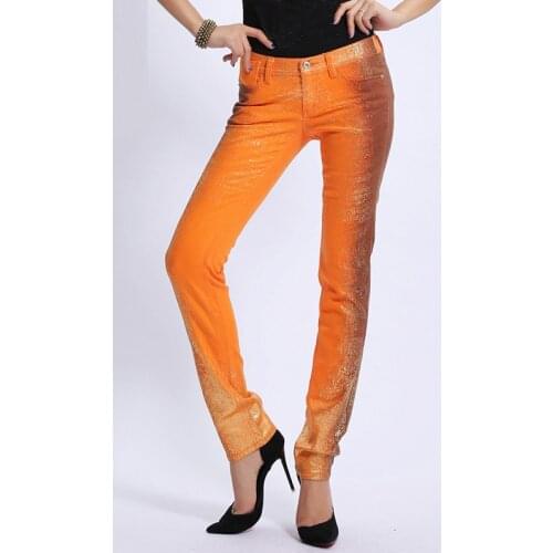 Summer Spring Casual Womens Female Orange Glitters Skinny Denim Pencil Pants , Woman Slim Sequined Jeans Trousers