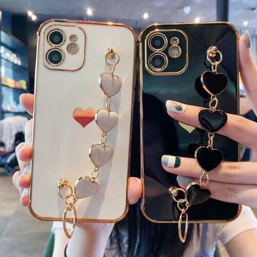 Luxury Soft Electroplated Love Heart Phone Case For iPhone 11 12 Pro Max XS X XR 7 8 Plus mini SE 2020 Bracelet Shockproof Cover