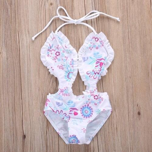 Newborn Baby Girl Floral Swimwear Swimsuit One-piece Swimsuits Halter Bodysuit 1-6Years Children White Flower Printed Swimwear