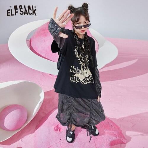 ELFSACK Cartoon Print High Waist Casual T-Shirt Dress Women,2021 Spring ELF Vintage Patchwork Korean Female,Daily Harajuku Dress