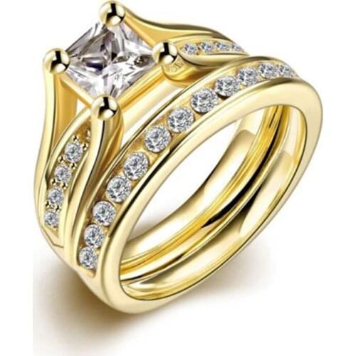 Gold Color Square Zircon Two-piece Ring Fashion Personality Female Engagement Factory Wholesale