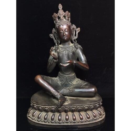 16"Chinese temple collection Old Bronze Cinnabar Lacquer Tara Bodhisattva Guanyin Sitting Buddha Ornaments Town House