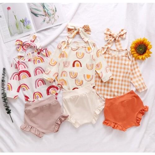 3Pcs Set Newborn Baby Girls Clothing Tracksuit Floral Romper Jumpsuit Tops Ruffles Shorts Headband Outfits Clothes Set 0-18M