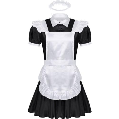 Halloween Roleplay Party Costume Homme Mens Sissy Maid Cosplay Uniform Outfit French Apron Maid Servant Mini Babydoll Dress