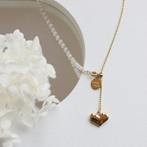 MODAGIRL Stainless Steel Good Luck Coin Charm Gold Tassel Heart Necklace Imitation Pearl Necklace Women Jewelry