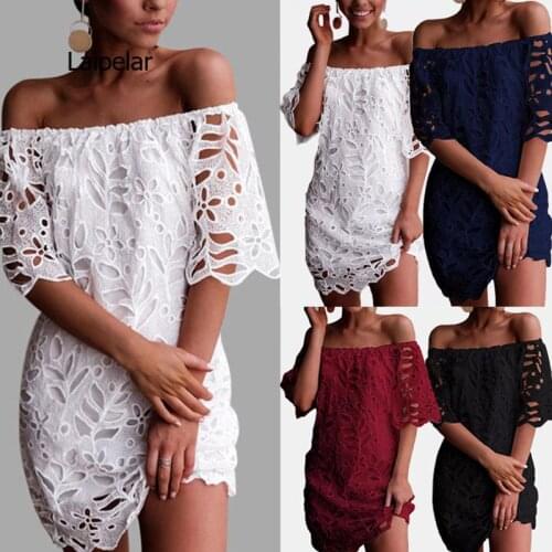 Fashion Summer Lace Crochet Dress Women Off Shoulder Short Sleeve Party White Sundress Sexy Boat Neck Hollow Out