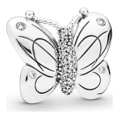 Genuine 925 Sterling Silver Bead Charm Decorative Butterfly With Crystal Beads Fit Pan Bracelet & Necklace Diy Jewelry