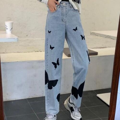 Casual Wide Leg Jeans Women High Waist Butterfly Printing Vintage Baggy Straight Pants Mom Denim Trouser Plus Size Pants