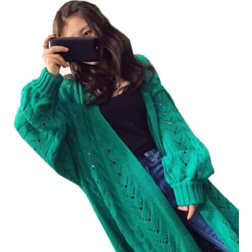 Casual Long Sweater Coat Women Spring Autumn Solid Loose Knitted Cardigans Oversized Korean Style Hollow Out Sweater Trench f966