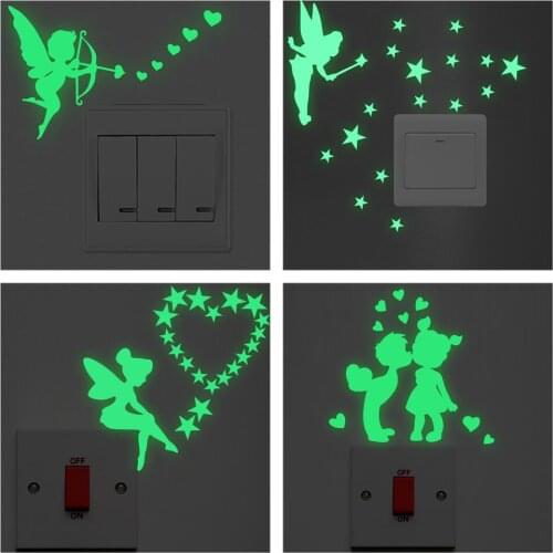 Romantic Fairy Stars Loving Heart Pattern Switch Stickers Glow In The Dark Kids Room Decoration Luminous Vinyl Wall Art Decals