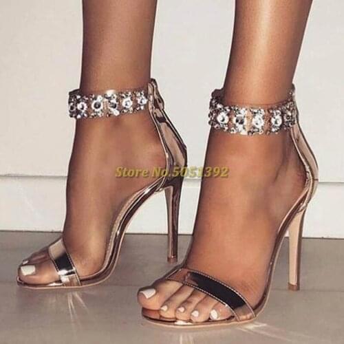 Crystal Champagne Sandals Open Toe One Strap Back Zipper Cover Heel Thin High Heels Open Toe Cut Out Dress Women Shoes Summer