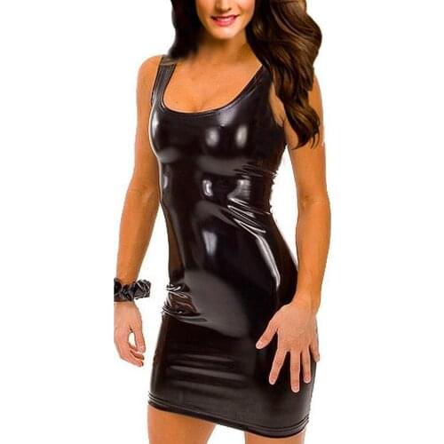 Sexy Latex Dress Woman Faux Leather Bodycon Dress For Party Clubwear Sleeveless Mini Dress Robe Vestido