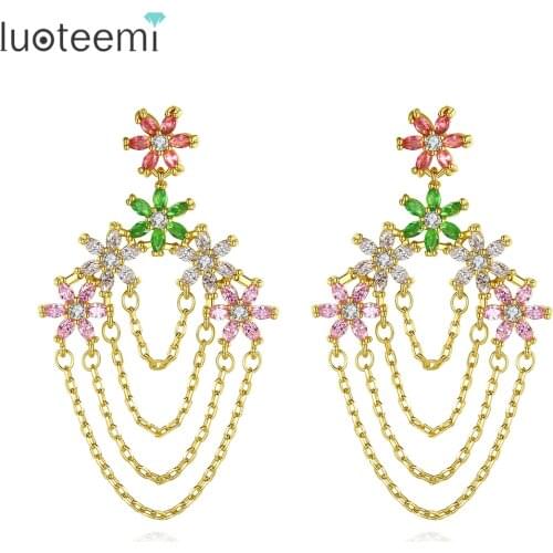 LUOTEEMI Multiple Layer Drop Earrings for Mom Spirit Handmade Colorful Gemstones Korean Fashion Flower Pendients for Wholesle