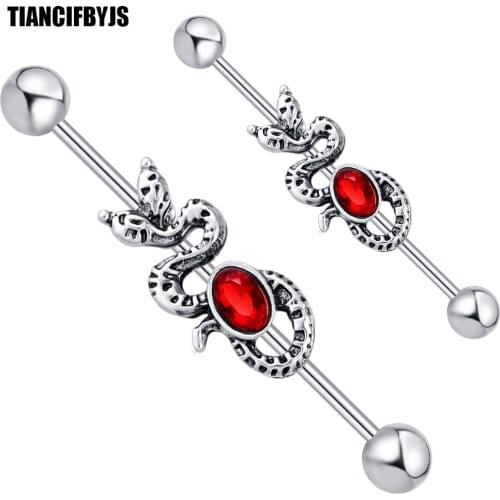 TIANCIFBYJS 14ga Cartilage Piercing Body Jewelry Stainless Steel Snake With Red Crystal Long Industrial Barbells for Women 20pcs
