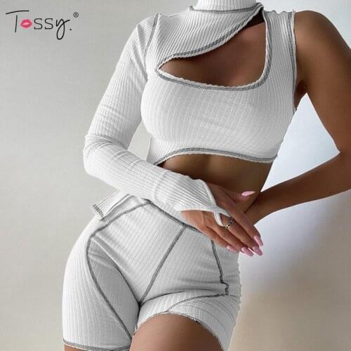 Tossy RibTwo Piece Set For Women 2021 Summer Hollow out Irregular Crop Top And Shorts Set Single Shoulder Long Sleeve Streetwear
