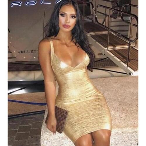 2020 Women Sexy Fashion V Neck Bronzing Gold Bandage Dress Elegant Night Club Prom Celebrity Bodycon Party Dress Vestido