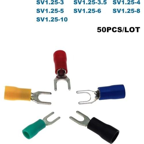 50Pcs Spade Insulated Crimp Terminals SV1.25-3/3.5/4/5/6/8/10 Electric Wire Connector Furcate Cable Ferrules 0.5-1.5mm2 22-16AWG