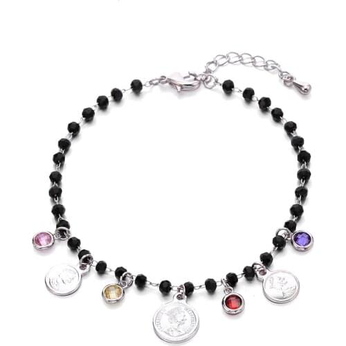 Queen Portrait Coin Bracelet for Women Bohemian Geometric Coin Pendant Black Crystal Beads Chain Bracelet Fashion Female Jewelry