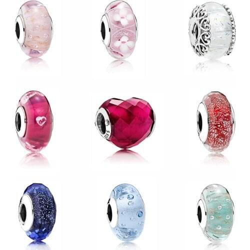 Colorful Glass Pan-Style Bracelet Real 925 Sterling Silver Charms Beads For Jewelry Making Girl Bangles Gift For Girlfriend