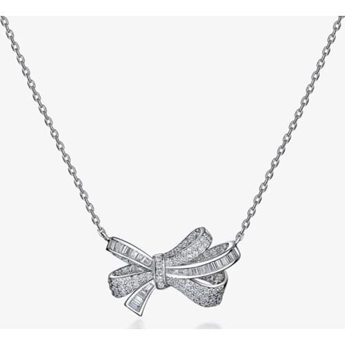 Pure Sterling Silver 925 Chains Korean Fashion High Carbon Diamond Butterflytie Pendant Necklaces For Women Girls Fine Jewelry