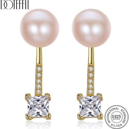 DOTEFFIL 8mm White/Pink Natural Pearl 925 Sterling Silver AAA Zircon Gold Earrings For Women Wedding Engagement Charm Jewelry