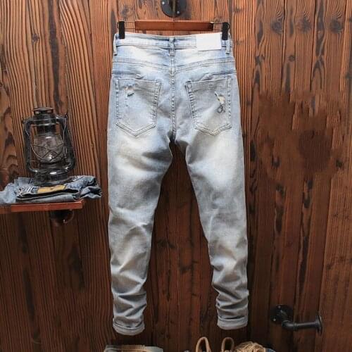 Thin Jeans Vintage High Street Mens New Slim Hole Design Korean Style Pockets Straight Stretch Fashion Casual Classic Pants