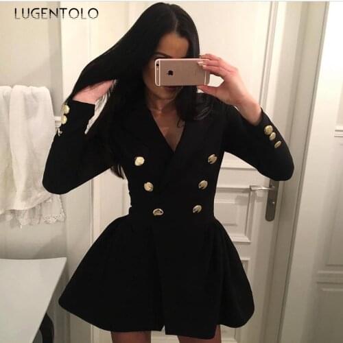 Elegant Slim Dress Women Long Sleeve Temperament Office Lady Dresses Button Spring Autumn Casual Notched Short Dress Lugentolo