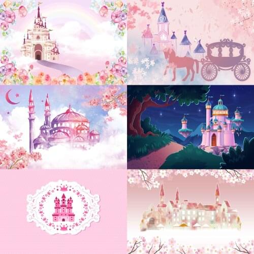 Seekpro Spring Castle Princess Baby Shower Birthday Backdrop Background Girls Flowers Party Carriage Palace Forest Cherry Pink