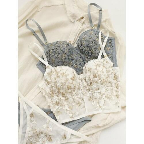 French thin bralette set corset sling strapless intimates sexy lace flower embroidery gathered small chest underwear bra set