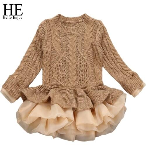 HE Hello Enjoy Girl Dress Thick Warm Wedding Party Dresses Knitted Chiffon Winter Kids Girls Clothes Children CLothing Sweater