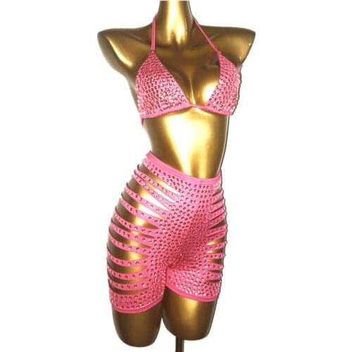 Pink Stones Bikini Set Summer Sexy Costume Women Singer Bra Short Outfit Prom Dance Birthday Celebrate Outfit set