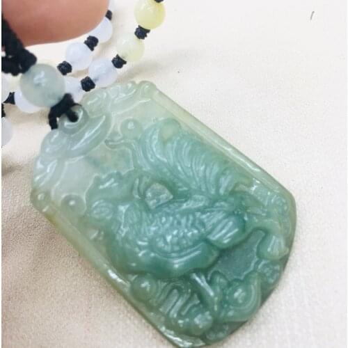 Pure natural Emerald jade Hand-carved large oily zodiac chicken pendant with emerald three-color bead necklace sweater chain